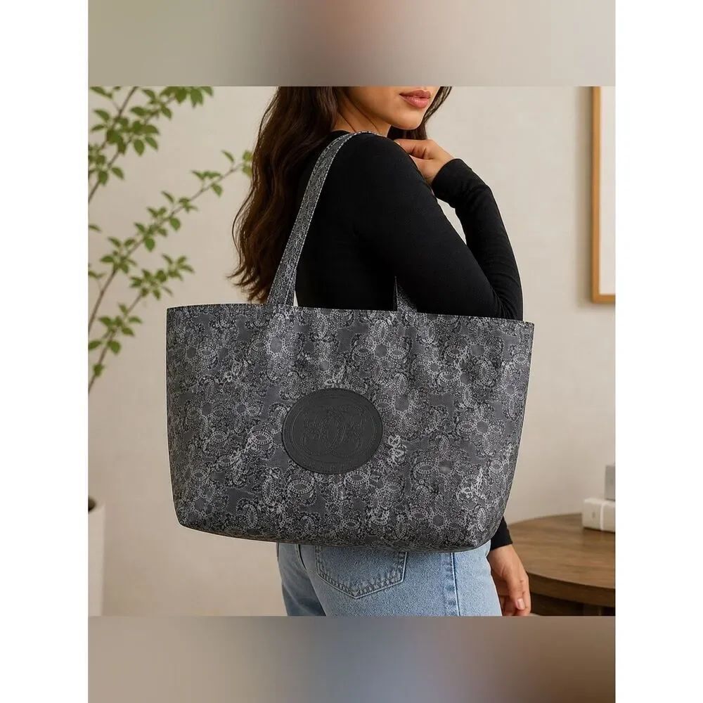 Sharif Gray Geo Pattern Logo Print Reusable Tote Bag Shopper Carryall